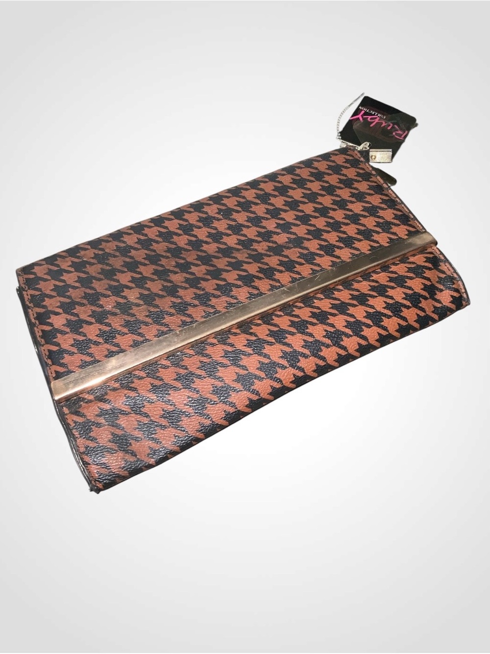 Ruby Collection Houndstooth Foldover Clutch in Brown and Black with Gold Accent